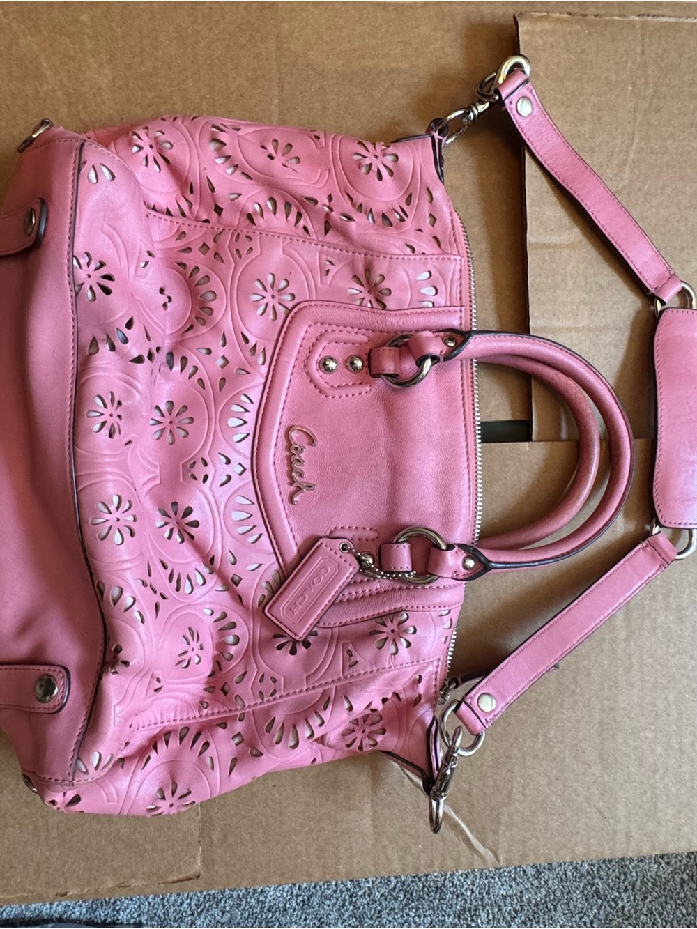Coach Pink Laser-Cut Floral Tote with Detachable Strap